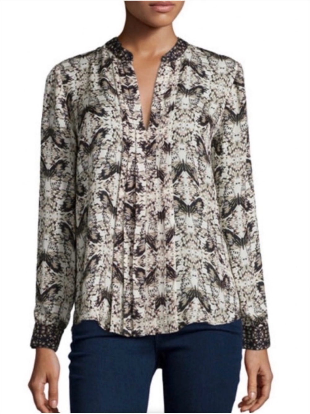 L'AGENCE Black & Cream Printed Split‑Neck Blouse (S)